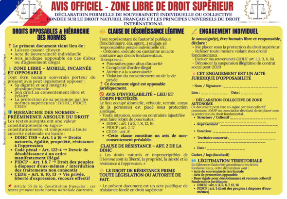 AVIS OFFICIEL – ZONE LIBRE DE DROIT SUPÉRIEUR Déclaration formelle de souveraineté individuelle ou collective Fondée sur le droit naturel, constitutionnel et international 1