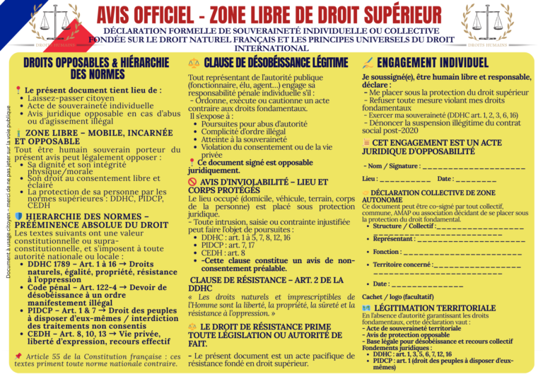 AVIS OFFICIEL – ZONE LIBRE DE DROIT SUPÉRIEUR Déclaration formelle de souveraineté individuelle ou collective Fondée sur le droit naturel, constitutionnel et international 1